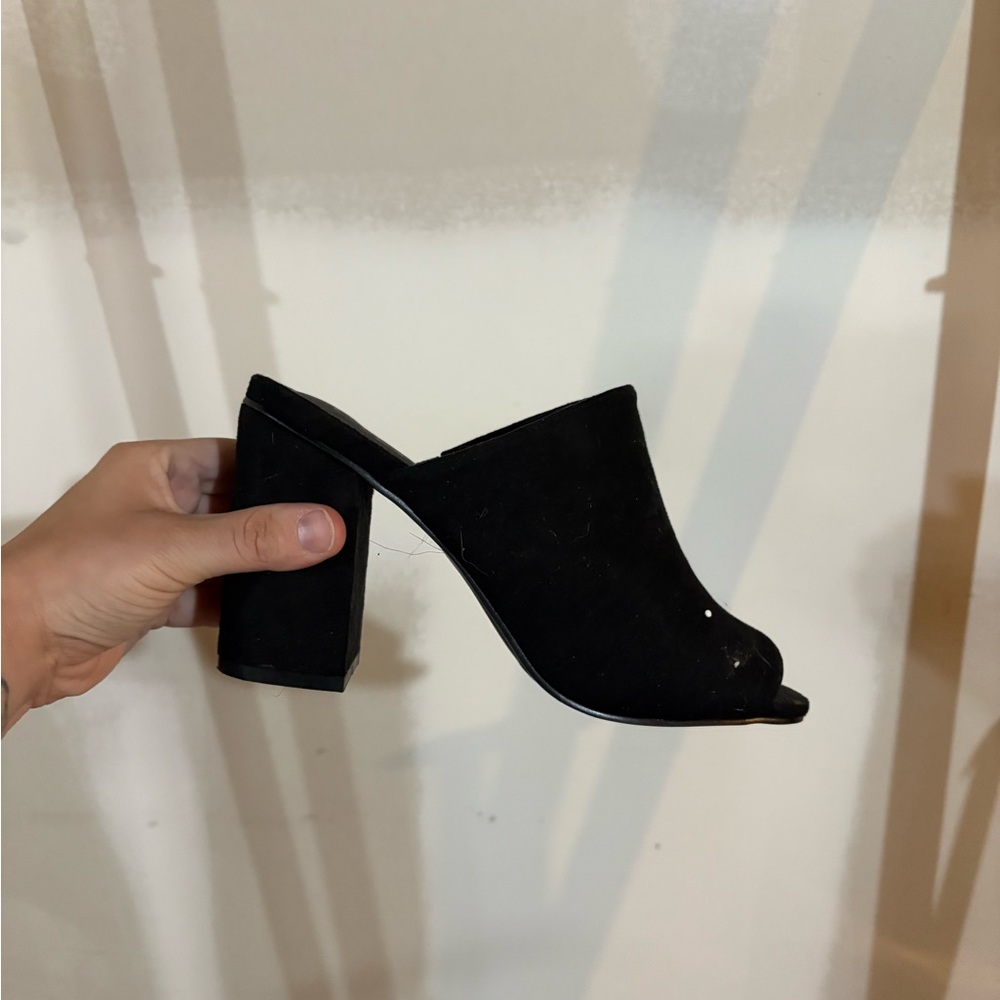 Lulu's Black Suede Peep-Toe Block Heel Mule